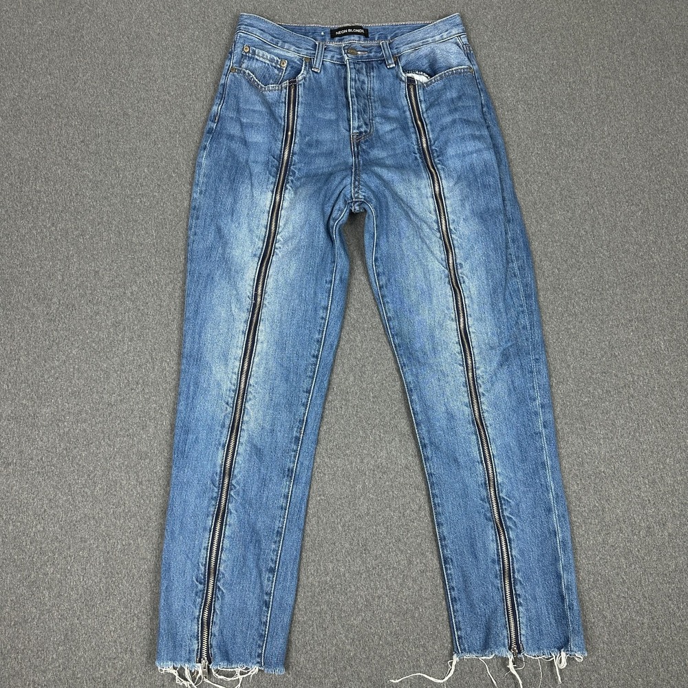 Neon Blonde Siren Mum Fit Jeans Womens 28 Front Zipper Raw Hem High Rise Denim